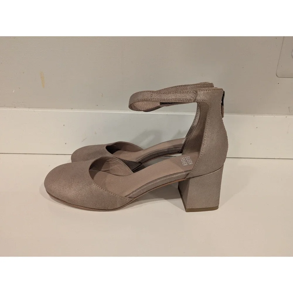 Eileen Fisher Womens Indi Gold Metallic Ankle Strap Heels Size 7.5 Shoes Round
